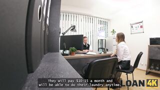 LOAN4K. Blonde Maya with big tits is fucking a bank worker on the office chair while his colleague i