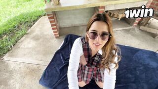 Schoolgirl records explicit content, I fuck her in front of the neighbors and give her a creampie