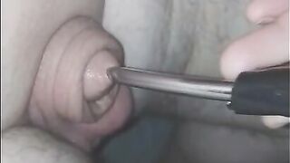 Inserting electro-sound into my huge flaccid cock.. moaning with pleasure
