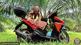 Wild Girlfriend Fuck on a Scooter & Wet Squirt in a Jungle During Rain