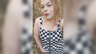 Bbw milf Public forest flashing small tits and fat pussy