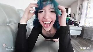 Slutty blue-haired stepsis gets her tight pussy fucked hard and a cock shoved deep in her throat