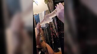 Redhead trains and tries to deepthroat on mirror with huge toy cock