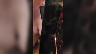 Redhead trains and tries to deepthroat on mirror with huge toy cock