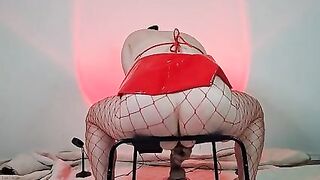 Dirty Big Titty Cosplay Costume Devil Salaciously Squat Fucks And Orgasms On Dildo