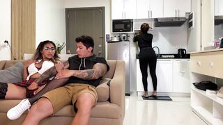 Naughty college girl fucks her mom's boyfriend on the couch in front of her!