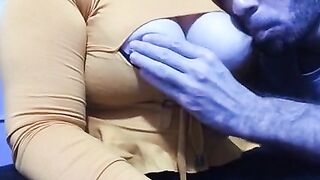 9 continuous minutes biting and sucking my big natural tits, he enjoys me breastfeeding him