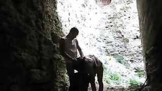 brunette sucks cock and Fucks in the ruins of an old fortress