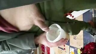 At work pissed in female boss coffee cup in the back of the truck watched her drink it sweat pants