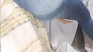 Sillicone doll Fortuna in skinny tight jeans on a special stand with spread leg.Cumshot and creampie