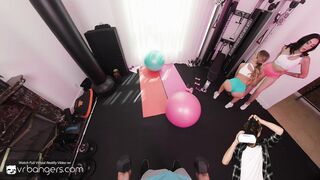 VR Bangers: Two Skinny Babes In Shorts Ride Your Dick In A Gym Threesome FFM