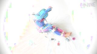 Colourful catsuit selfbondage hogtie