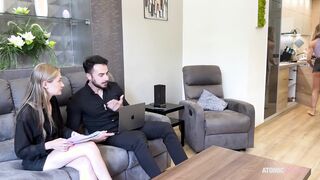 I spy my boyfriend fucking his slutty coworker. Mi joins and licks the cum off her pussy