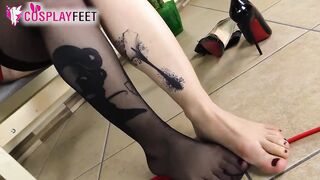 Horny cosplayer dressed as a devil makes you cum with feet