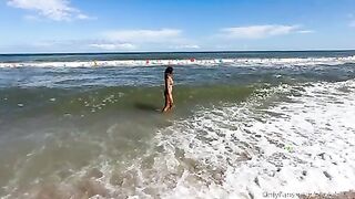 126 D tanned asian milf gets creampie on the beach washes cum off