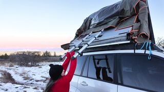 Mountain girl shows off rooftop tent set up and light up butt plug