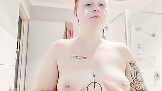 Chubby red head has to bathe from a bucket because her hot water broke