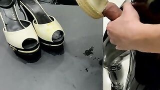 Fucking Wedge Heels Full of Dried Cum in Latex Pants and Cum on High Heels