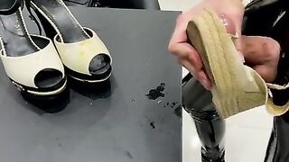 Fucking Wedge Heels Full of Dried Cum in Latex Pants and Cum on High Heels