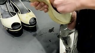 Fucking Wedge Heels Full of Dried Cum in Latex Pants and Cum on High Heels
