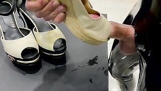 Fucking Wedge Heels Full of Dried Cum in Latex Pants and Cum on High Heels