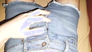 Striptease and messy cum blasts onto blue denim jeans shorts with big fly buttons ????????????