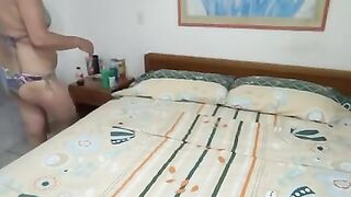 At the beach, stepmother, lacking a cock, enjoys her two huge dildos