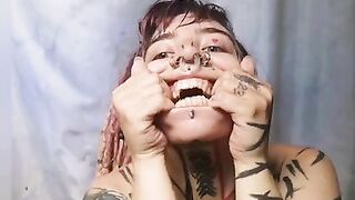 Sewerslut self inflicted struggle tattooed slut swallow a load of soap struggles in the shower