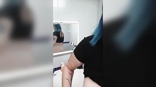 Hairy pussy, big boobs peeing in a public toilet