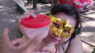 I suck my man's ass, cock and balls, extract a lot of cum and eat it with pineapple in public