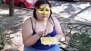 I suck my man's ass, cock and balls, extract a lot of cum and eat it with pineapple in public